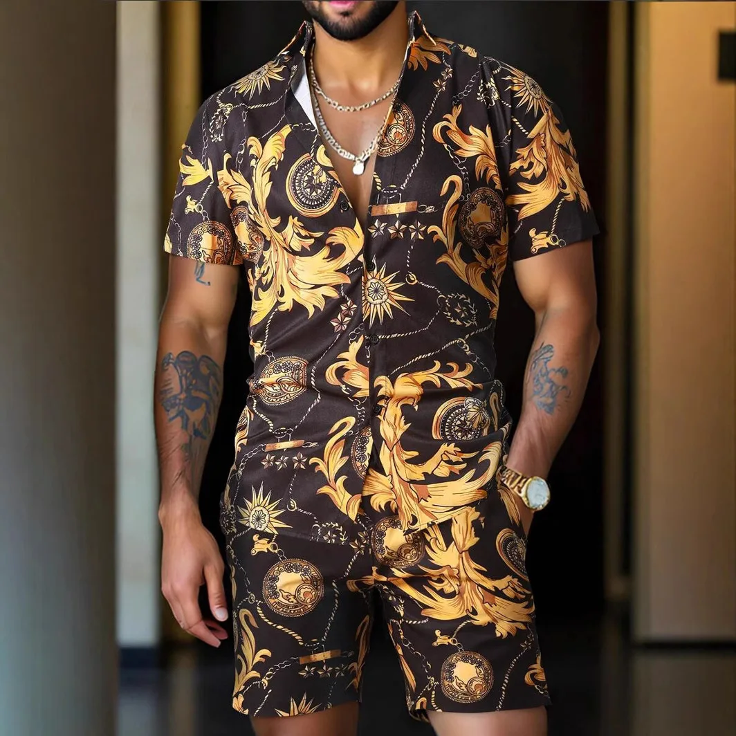 2025 Summer Men's Casual Versatile Collar Button Shirt Short Sleeve Shorts Sets