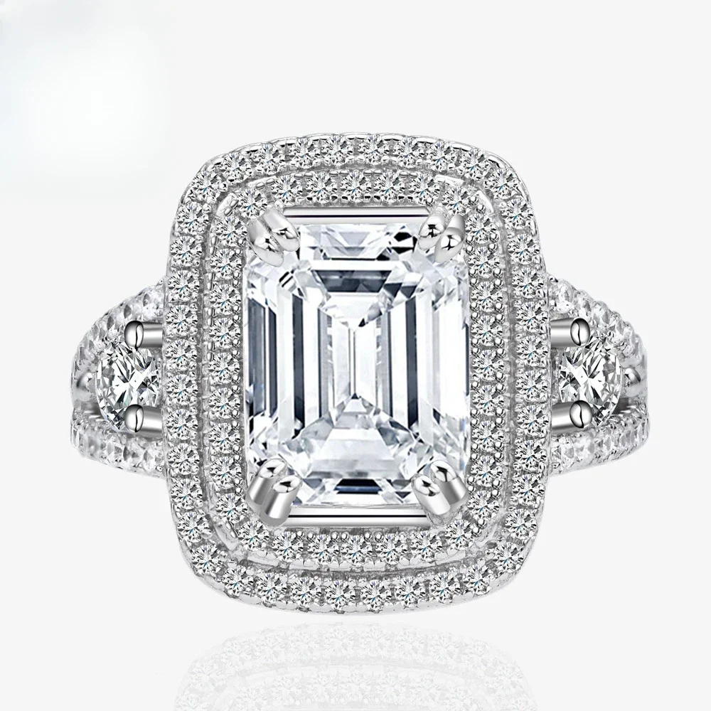 ZCD Rectangular Chamfered 8 * 12 High Carbon Diamond Ring, Emerald Cut Luxury Inlaid Wide Version S925 Silver Ring