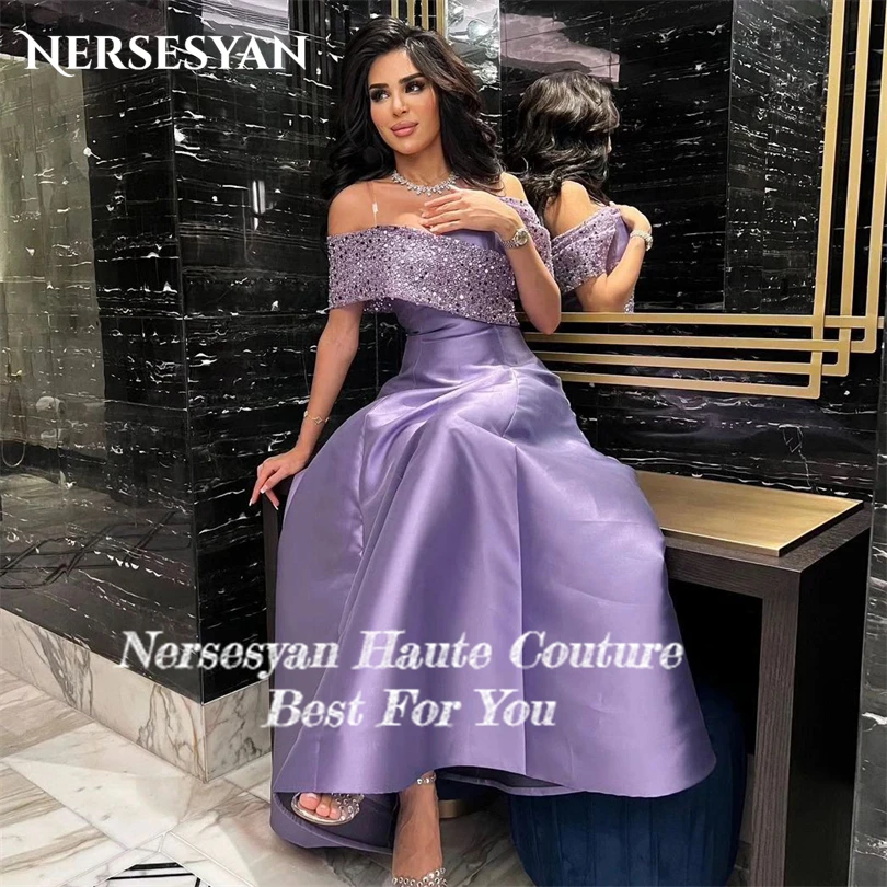 Nersesyan Purple Glitter Sequins Formal Evening Dresses Off The Shoulder Satin Sexy Prom Gowns A Line Long Vestidos De Fiesta