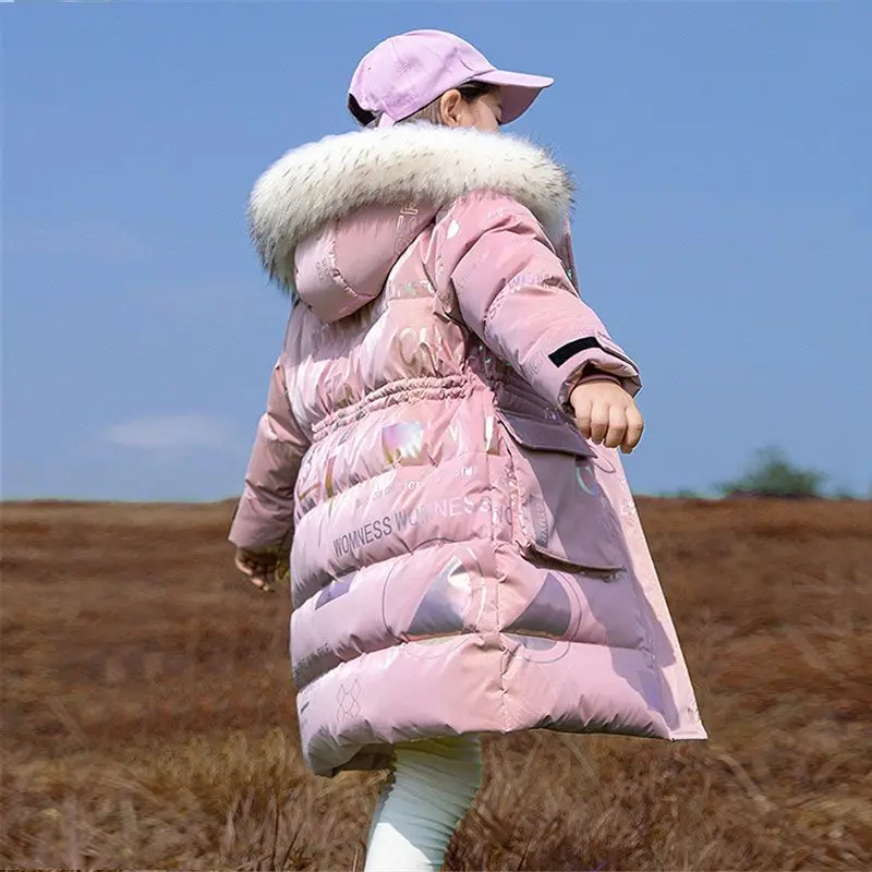 New 4-12 Years Fashion Winter Teenger Girls Jacket Hight Quality Heavy Keep Warm Large Fur Collar Hooded Coat For Kids