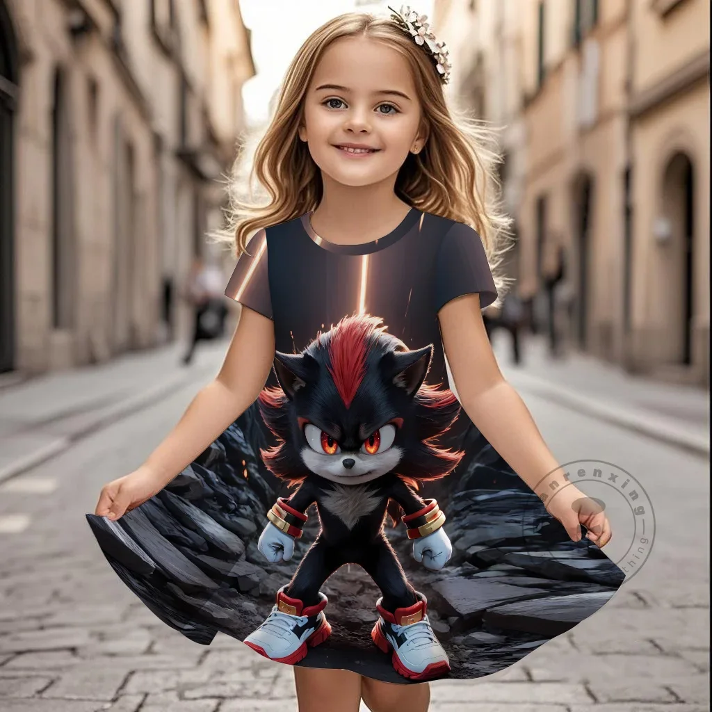 

Лето 2025 г., подарочное платье с короткими рукавами для девочек, оригинальная милая детская юбка с 3D принтом Соника, модная одежда для выступлений, детская повседневная одежда