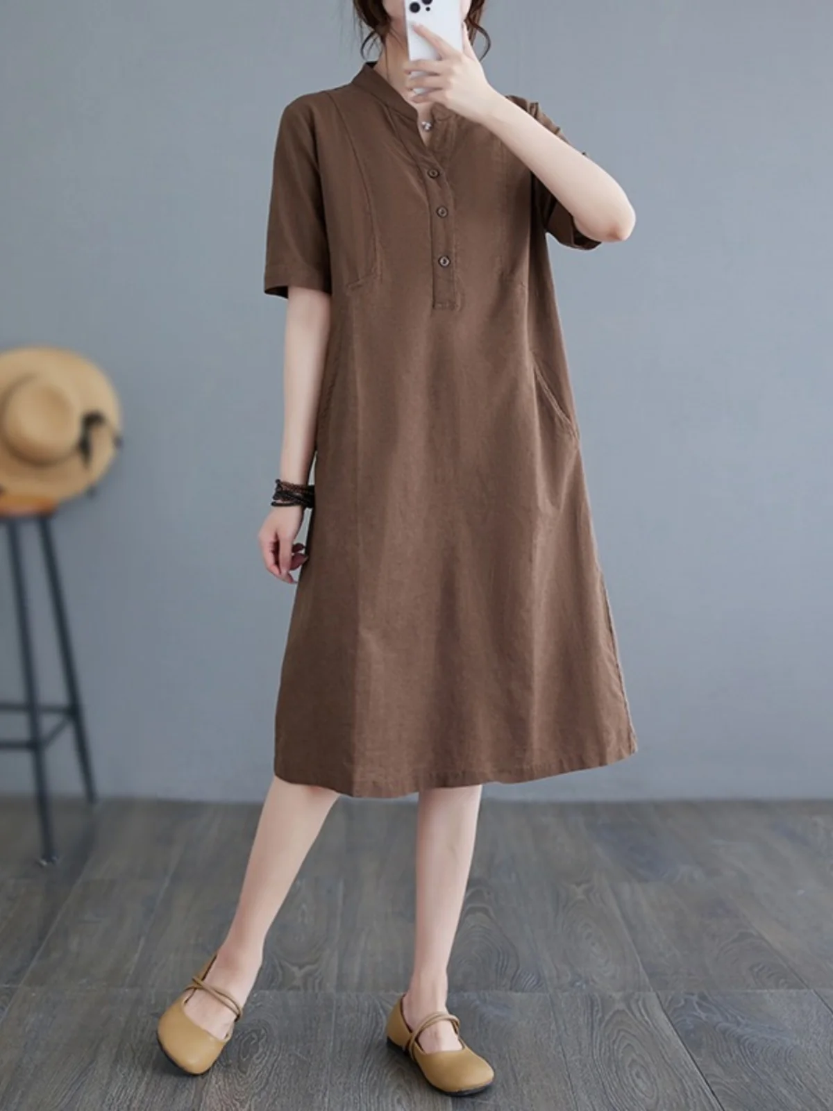 Artistic V-Neck Cotton Linen Short Sleeve Dress Women Summer Loose Slimming Midi Straight Cut Shirt Dress Retro Button Detail...