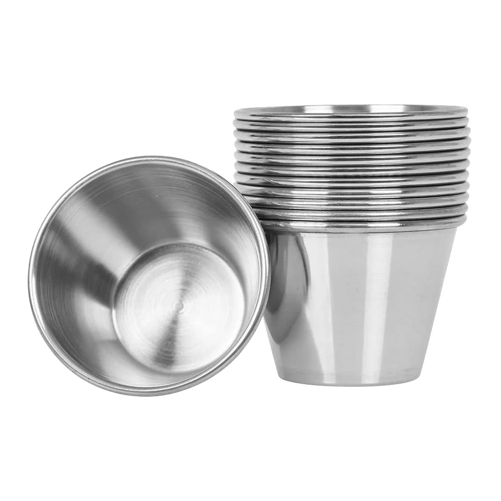 

Pack of 12 - Premium Brushed Stainless Steel Condiment Sauce Cups Spices Pots Liquid Dips Bowls - 2.5Oz 70Ml