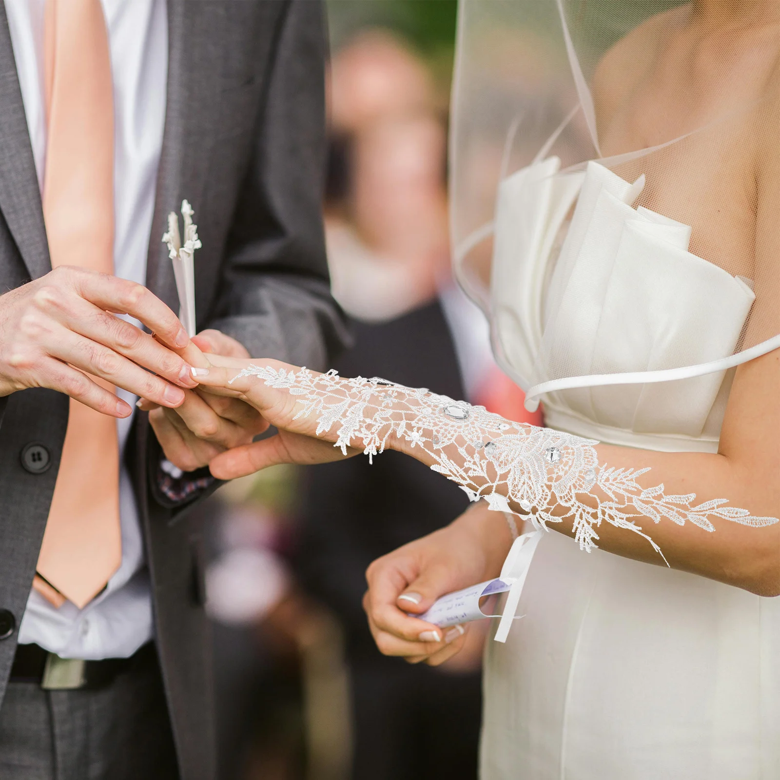 1 paio di guanti lunghi senza dita in pizzo con strass da donna, da sposa, da sposa, eleganti, da cerimonia, guanti in pizzo per donna, guanto da sposa