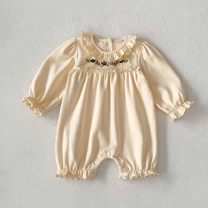 Autumn Spring 2024 Newborn Baby Girl\'s Romper with Embroidered Leaf Collar Long Sleeve Loose Cotton Infant Romper Jumpsuit