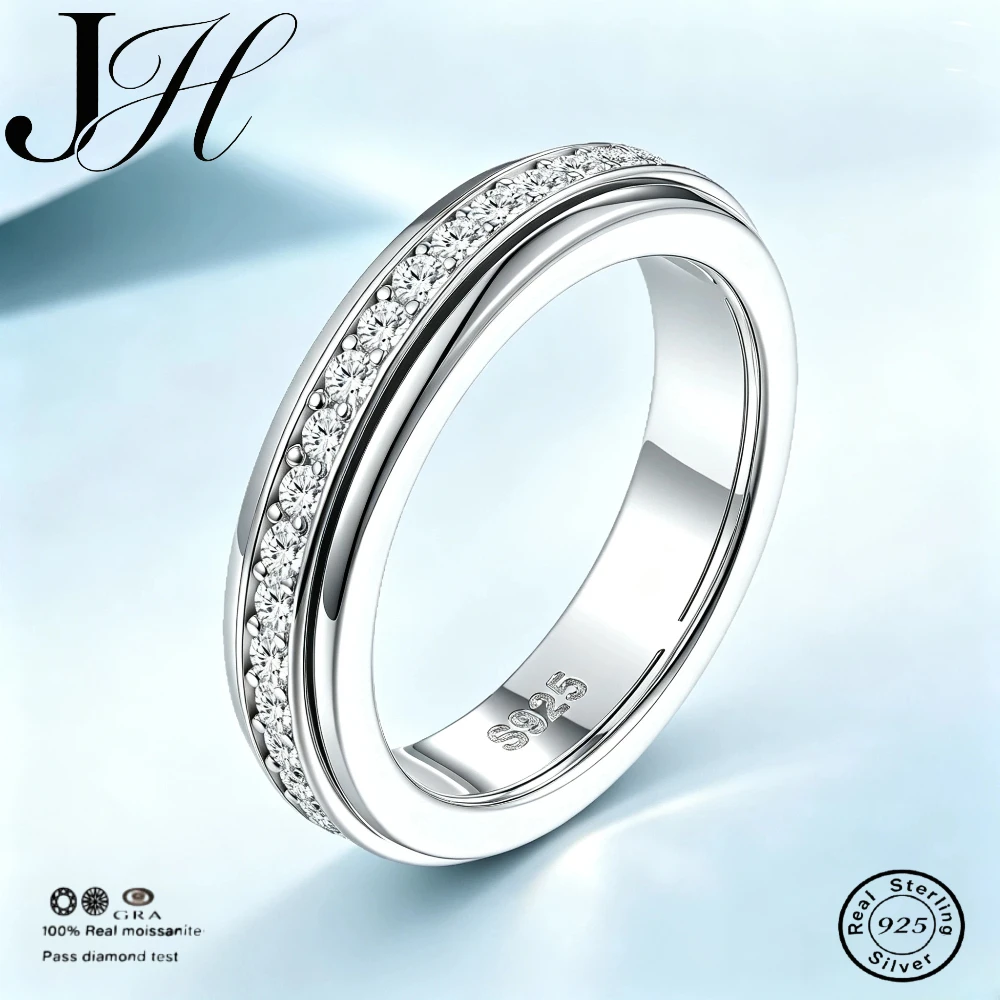 JOIAS HOME Sparkling Full Pave Moissanite Spinner Ring D Color VVS1 Eternity Wedding Band 925 Sterling Silver Women Fine Jewelry