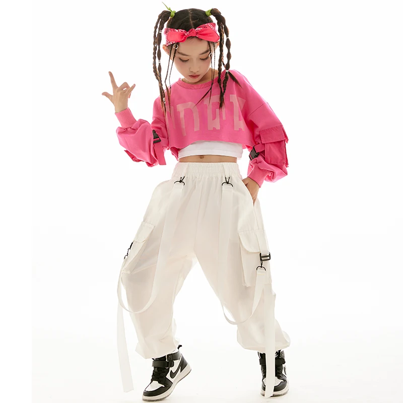 Kpop Kids Hip Hop Dance Clothes For Girls Pink Crop Tops Loose White Pants Modern Jazz Performance Costume Rave Outfit BL9560