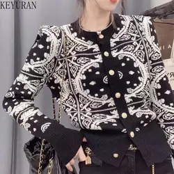 Jacquard Puff Sleeve Pullover Sweater Mujer 2023 Spring Autumn Korean Fashion O-Neck Long Sleeve Knitted Cropped Cardigan Women