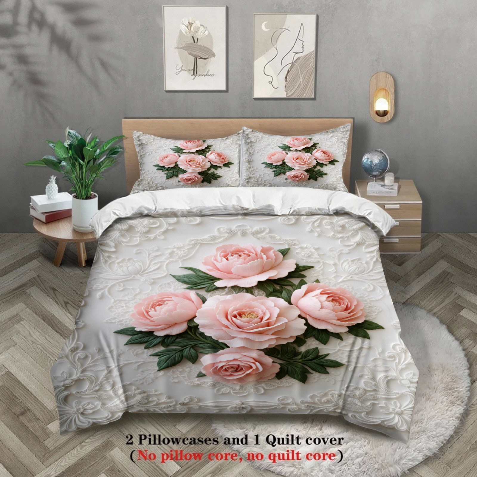Rose Embroidered Bedding Set White Floral Pattern Bedding With Duvet Cover Pillowcases Wrinkle-Free Fade-Resistant For Bedroom