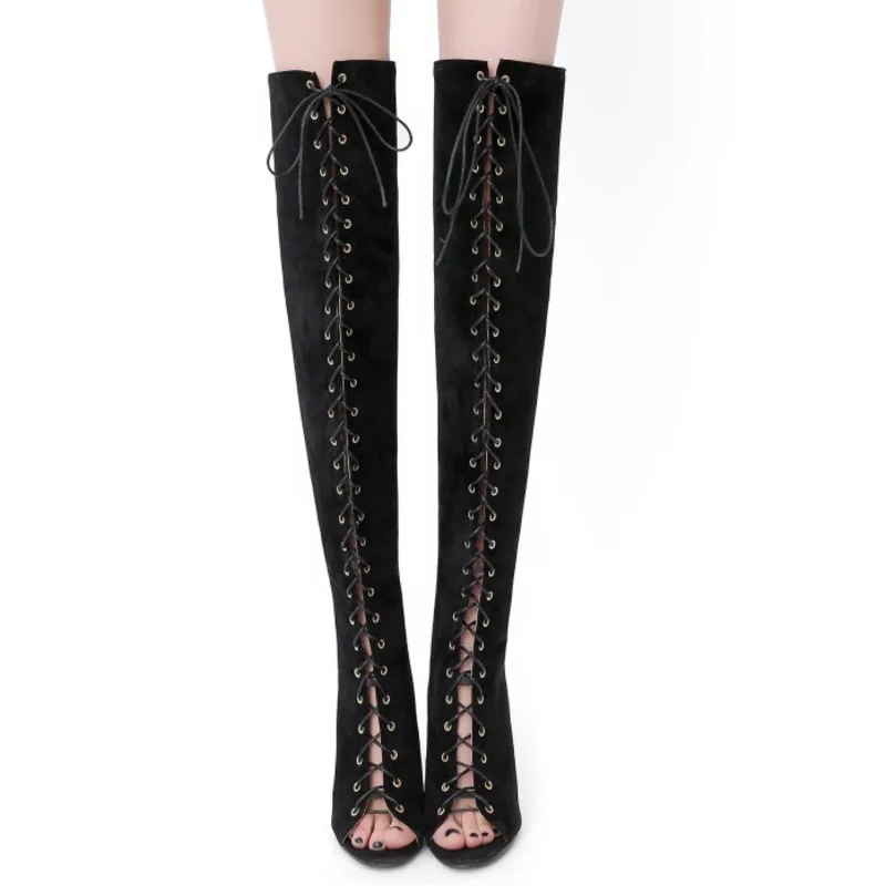 Faux Suede Peep Toe Lace Up Thigh High Boot Stiletto Heels Cross-tied  Over The Knee Boots Cool Boots