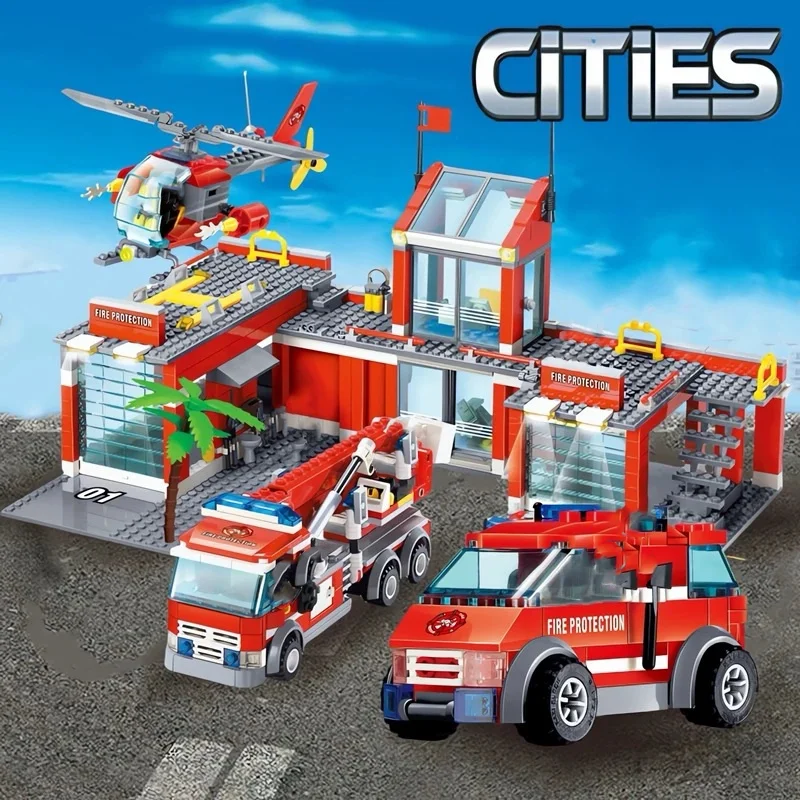 

758pcs City Fire Station Model Moc Building Blocks Truck Helicopters Firefighter Bricks City Educational Toys For Children Gifts