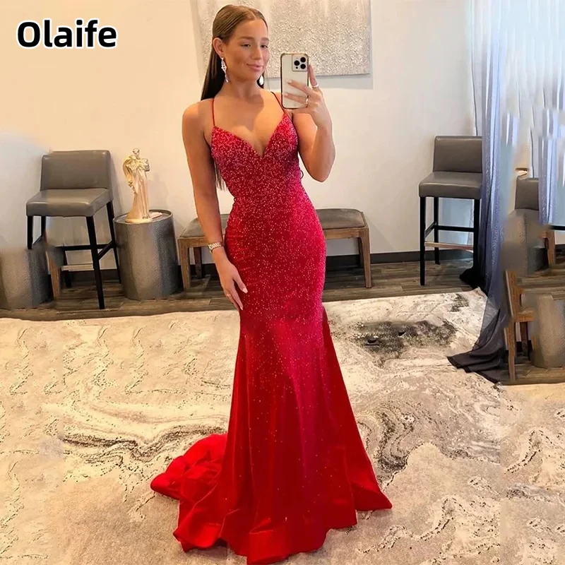 

Olaife Sequined Spaghetti Strap Mermaid Prom Dress Sleeveless Sweep Train Party Evening Gowns Sexy Corset Back Dresses