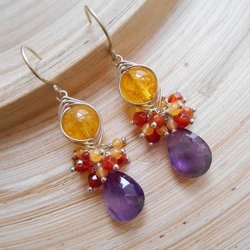 Dorette gemstone cluster earrings purple yellow orange dangle drop amethyst citrine carnelian sterling silver November February