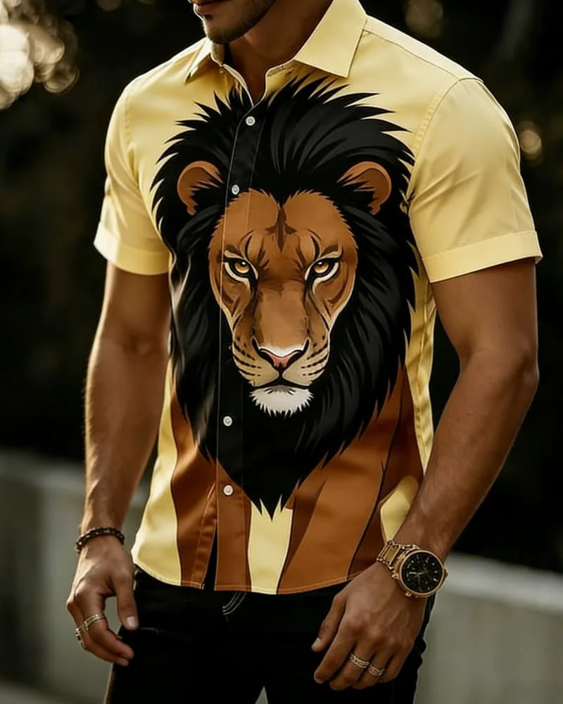 Men's retro realistic artistic sense, wild animal print short sleeved shirt, ,suitable for daily commuting and leisure vacation