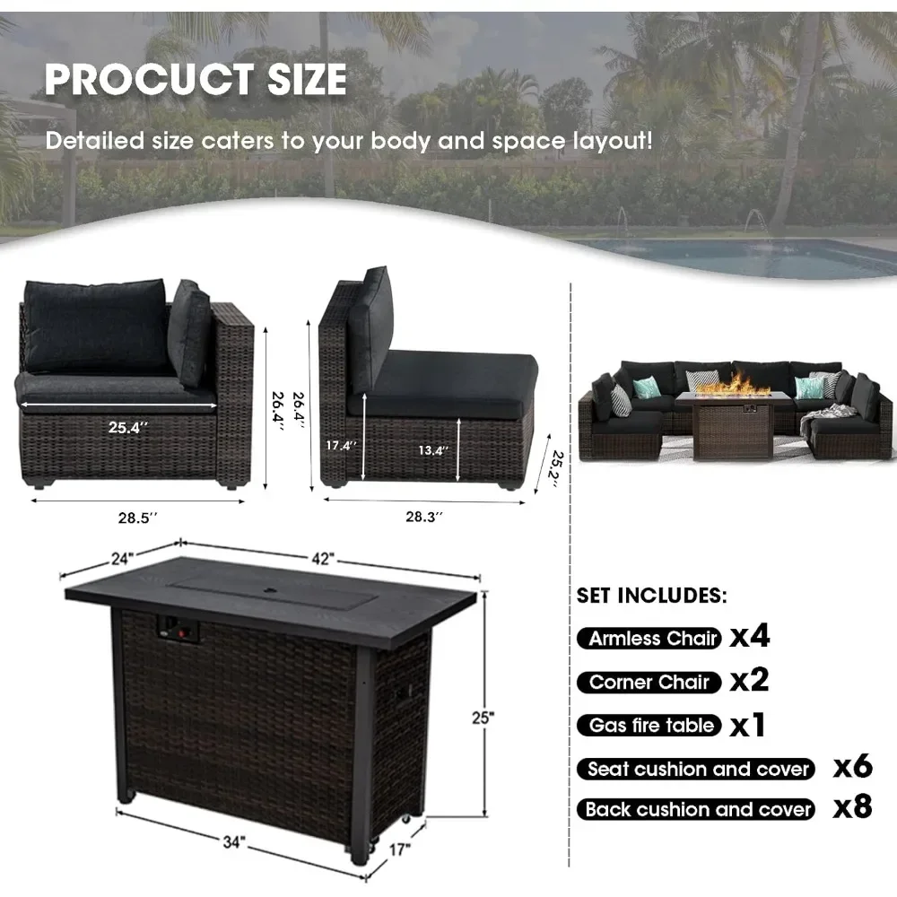 Fire Pit Table with All-Weather No-Slip Cushions Waterproof Covers PE Rattan Outdoor Heating Patio Furniture Set Fire Pit