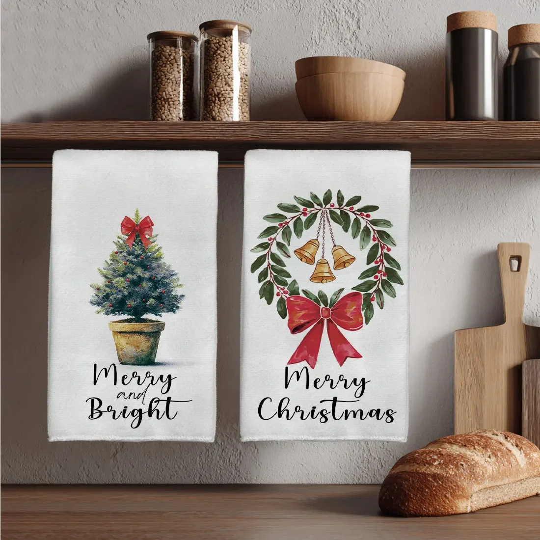 2PCSChristmas kitchen towels,watercolor potted Christmas tree,red bow wreath pattern,Christmas home decor Navidad Natal2026 gift