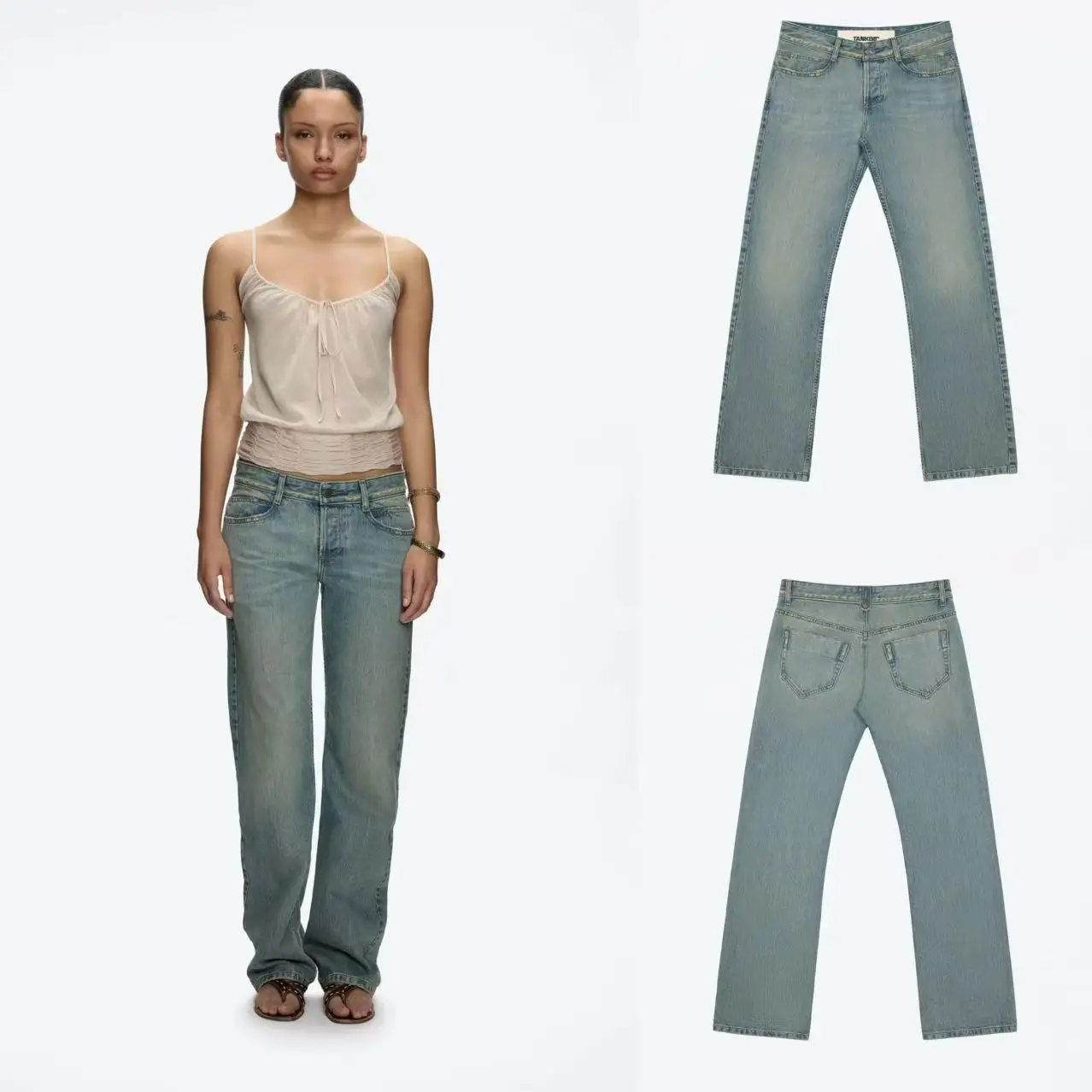 tank Vintage Blue Washed and Distressed Denim Jeans กางเกงขาตรงเอวต่ําเข้ารูปพอดี