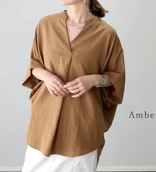 New Summer V-neck Pullover Loose Solid Color Shirt Chiffon Shirt Top