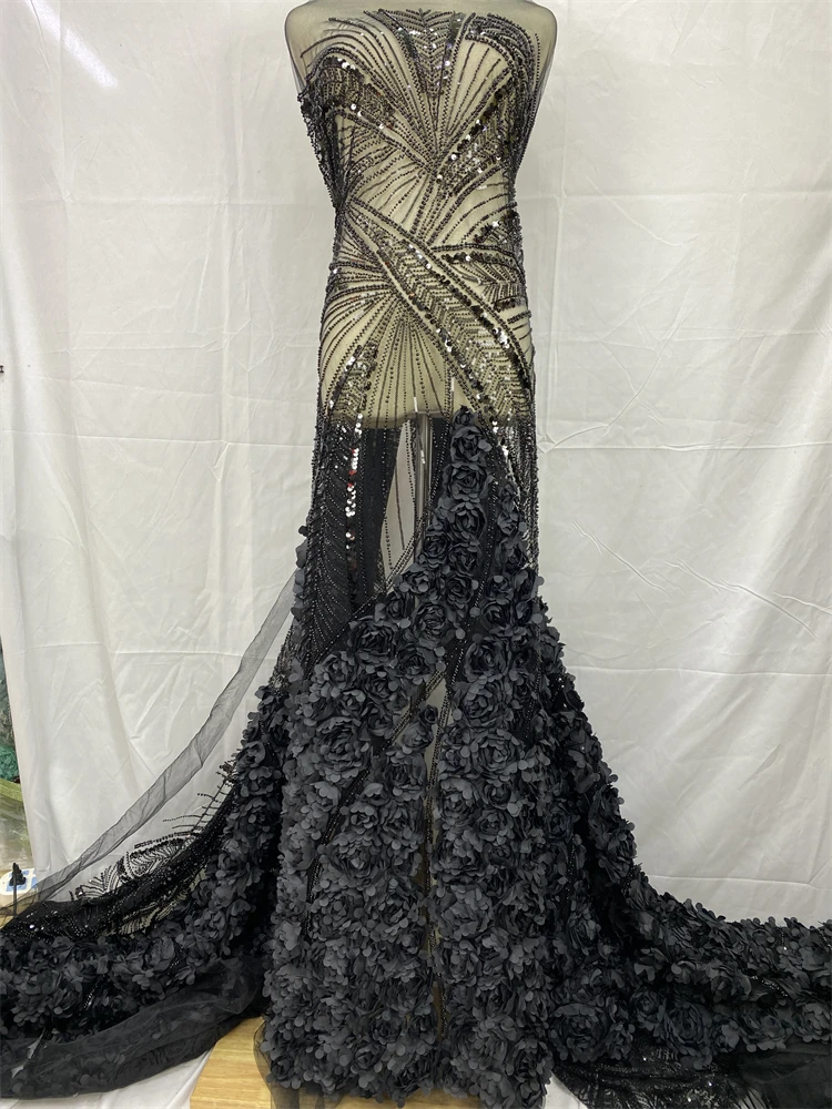 럭셔리 3D 꽃 레이스 원단 최신 스팽글 Tulle 레이스 원단 드레스 봉제를위한 수 놓은 Applique 나이지리아 비즈 원단