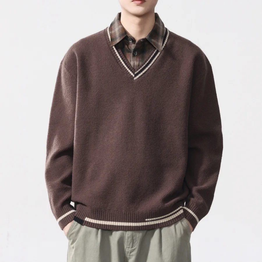 

Plaid Collar Splice Knit Sweater Men Business Vintage Fashion Loose Casual Pullover Sweaters Autumn Winter Knitwear Jumpers Tops