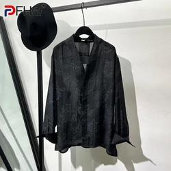 PFHQ Men's Shirts Hollowed Out Transparent Printed V-neck Long Sleeved Single Breasted Sun-protective Clothing Summer 21Z4397