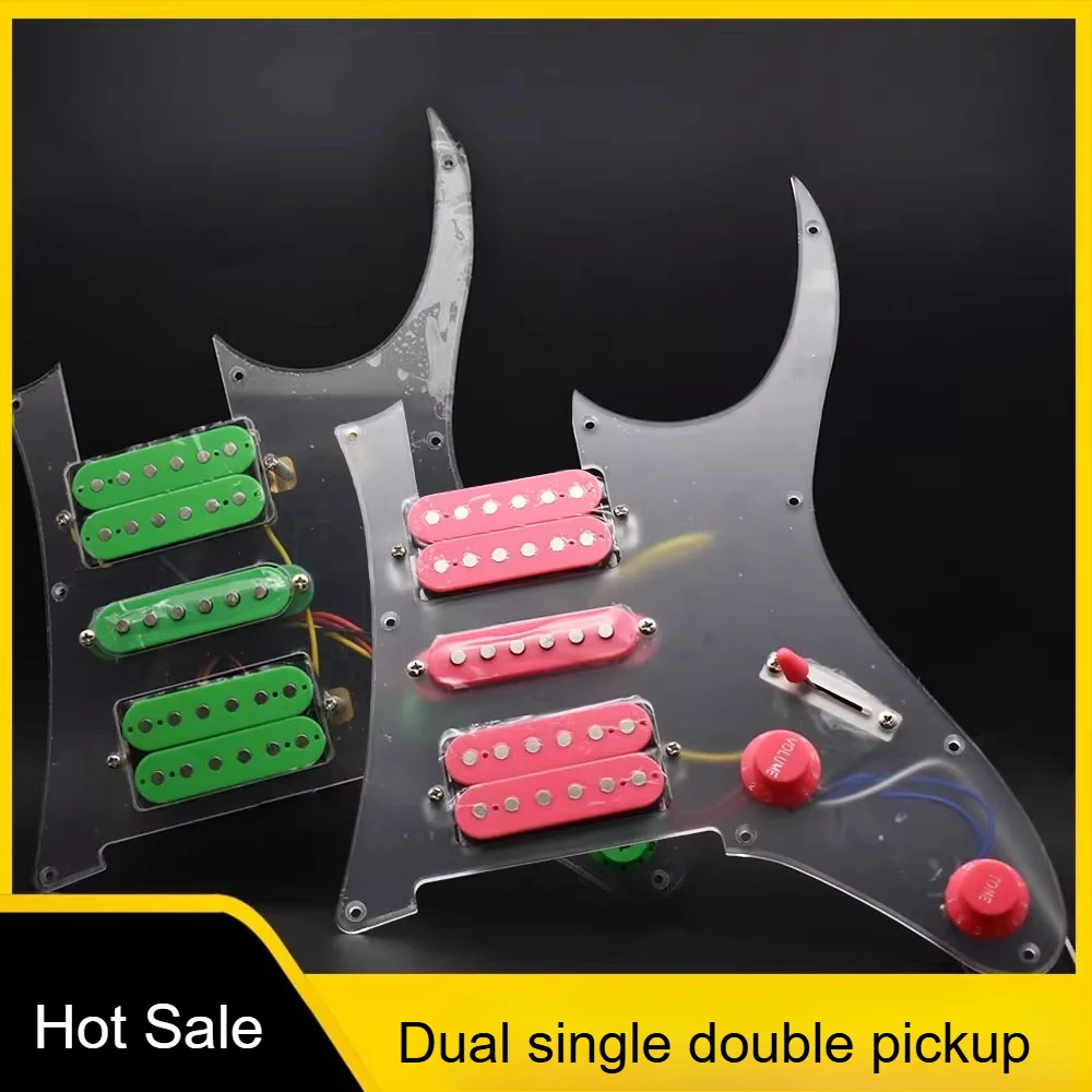 Electric Guitar Pickguard Dual Single and Double Pickups Complete Circuit Assembly Line Transparent with Green and Pink Panel