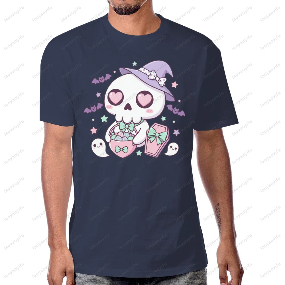 Kawaii Skull Skeleton Pastel Goth Graphic Printed Tshirt Casual Fashion Loose Summer Short Sleeve O-neck Man T Shirt Cotton Tee