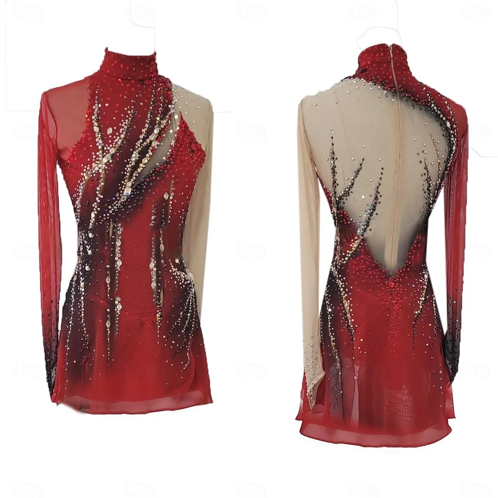 Figure Skating Dress Girl  High Elasticity Professional Competition Skating Wear Thermal Warm Crystal / Rhinestone Long Sleeve