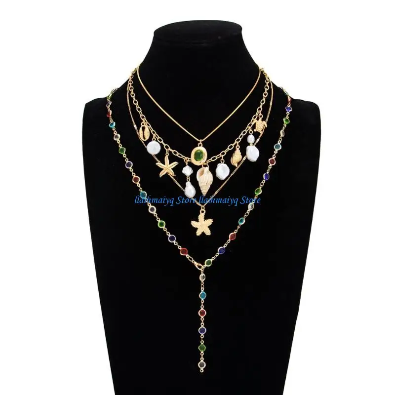 573B Stackable Shell Necklaces Set Of 4 With Mixed Metal Chains Vacation Shell Jewelry Set For Layering Look