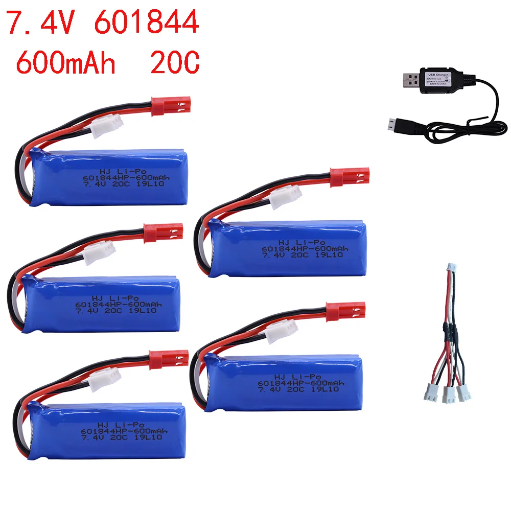 7.4V 600mAh Lipo Battery and charger 601844 for WLtoys K969 K979 K989 K999 P929 P939 RC Car Spare Parts 2s 7.4v Battery 5/10pcs