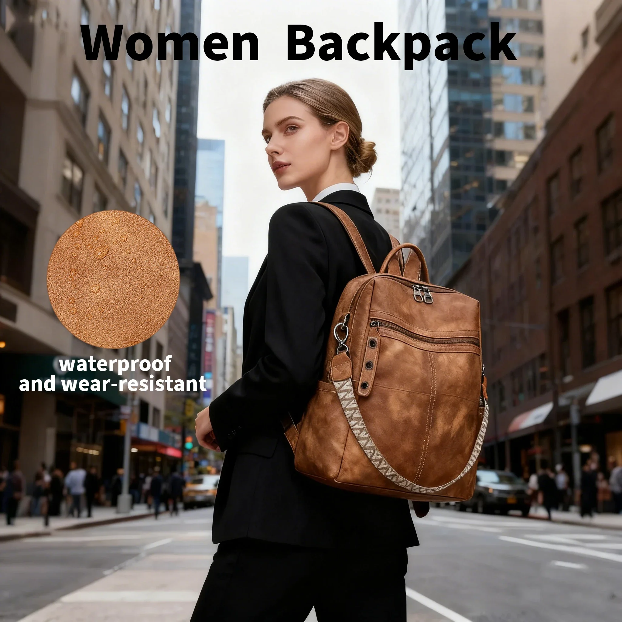 Women's PU Leather Waterproof Fashion Retro Large Capacity Travel Anti-theft Backpack Shoulder Bag Soft Leather Handheld Purse
