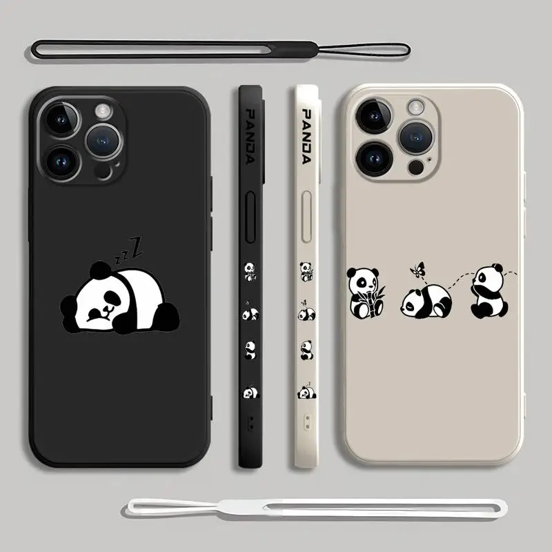 Cute Panda Phone Case for iPhone SE 13 Pro 8 7 15 Plus 14ProMax 12 Mini 11 XR XS Max With Lanyard Silicone Cover