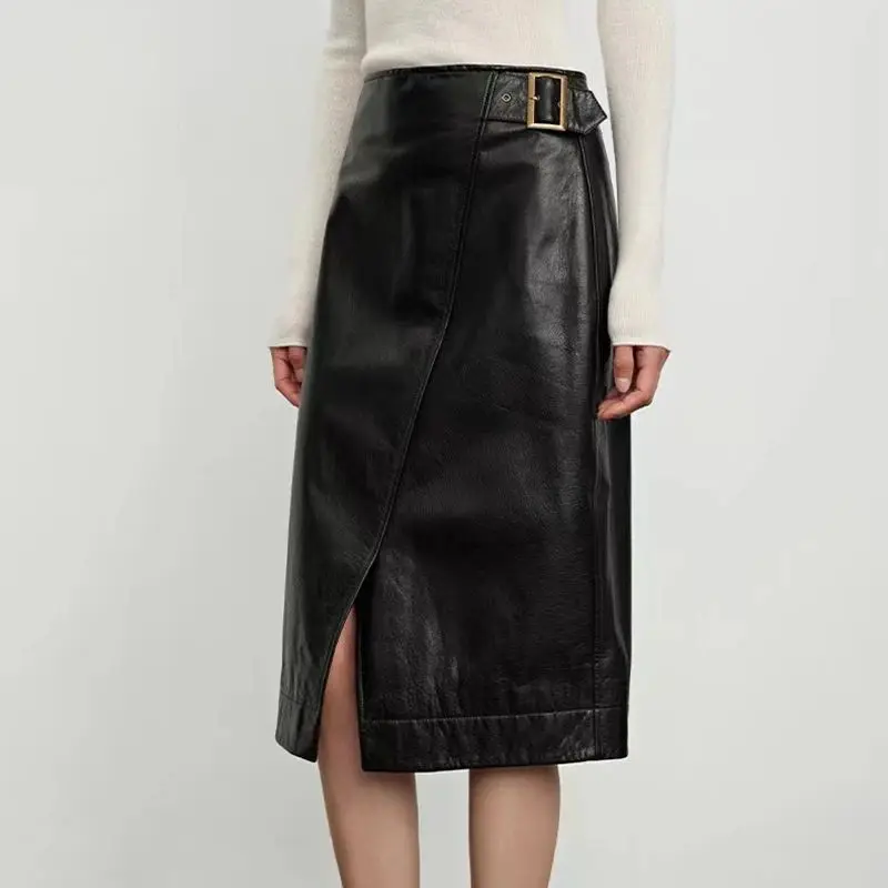 Women Luxury High Waist Genuine Leather Skirt for Women Waxed Cowhide Wrap Long Mid Length Front Slit Mid-Calf