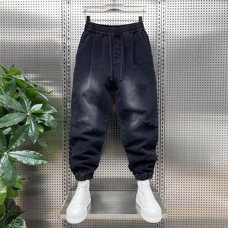 

Trendy Men's Bla ey Denim Pants Elastic Splice Cuffed Casual Pants Slim Fit Autumn Winter Jeans Youth ular Cotton Stretch
