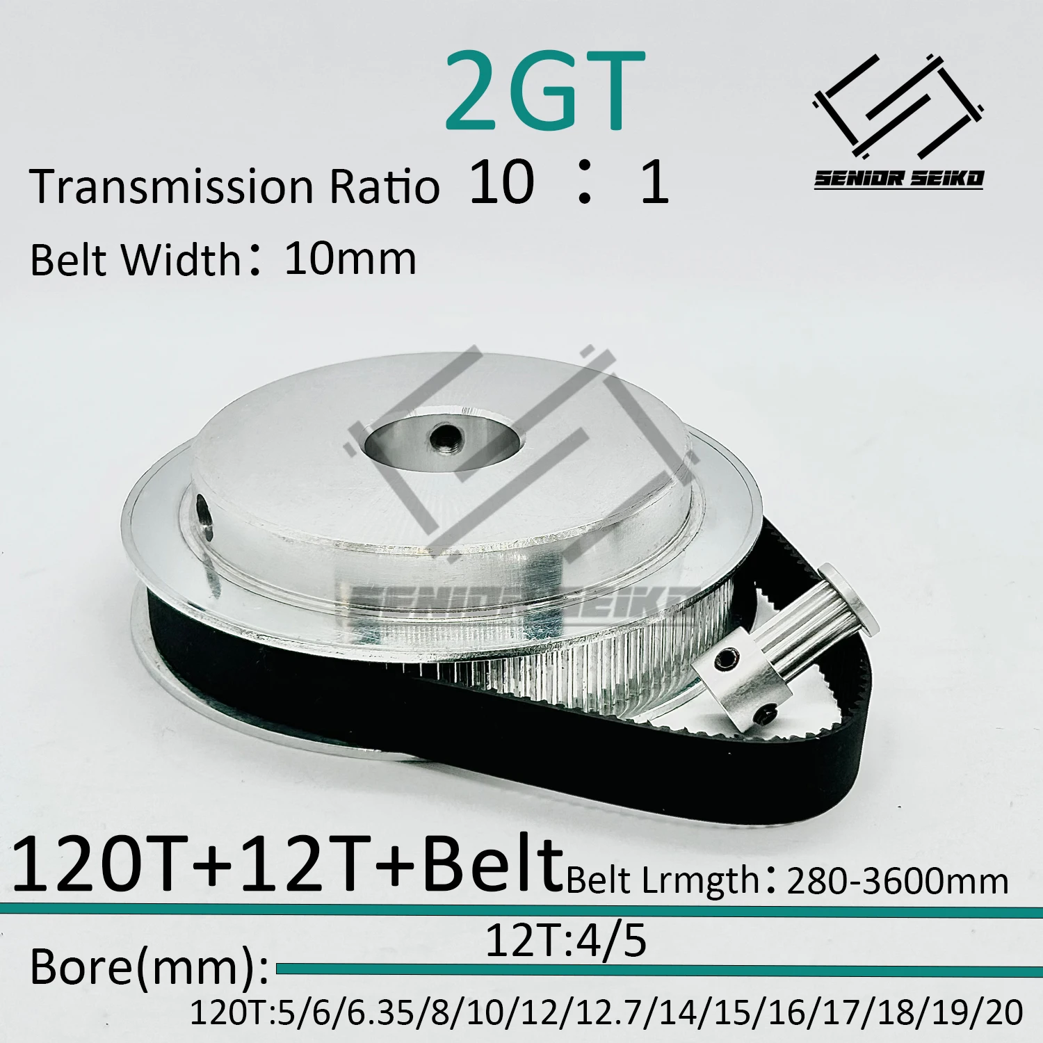 

2GT GT2 12Teeth 120T GT2 120Teeth 12T Timing Belt Pulley Set Belt Width 10mm Bore 4~25mm 10:1 Wheel Synchronous Pulley Belt Kit