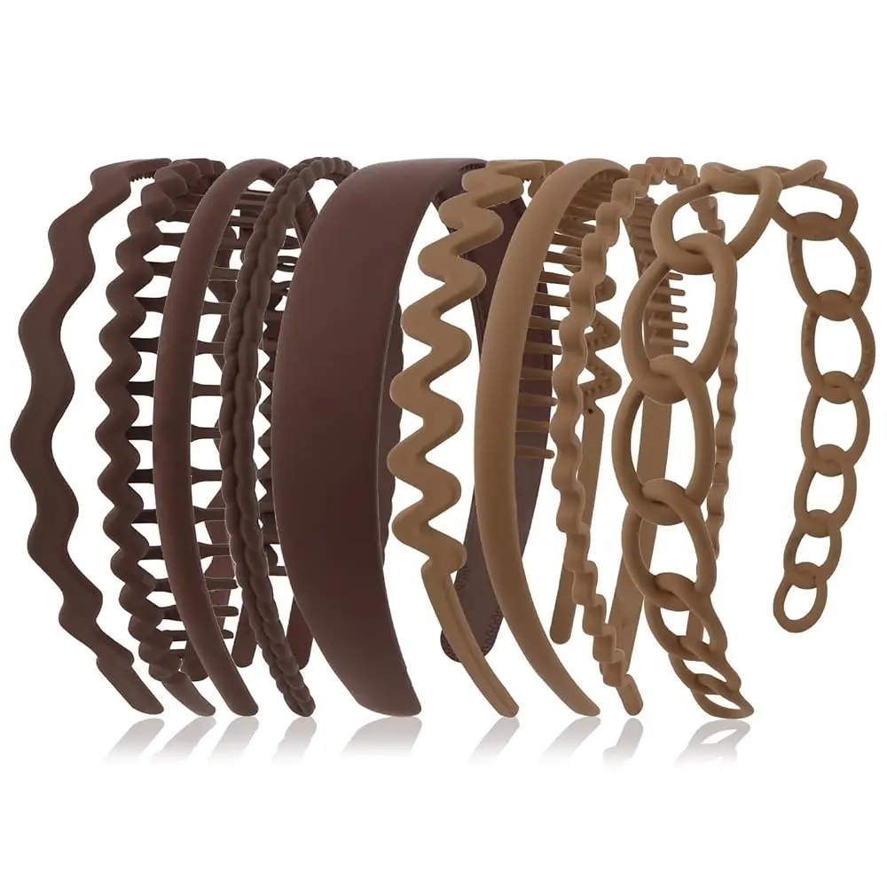

9 Pcs Non-Slip Headbands for Women - Brown Wide/Combed/Wavy Headbands Set with Teeth, Comfortable Plastic Hair Accessories f