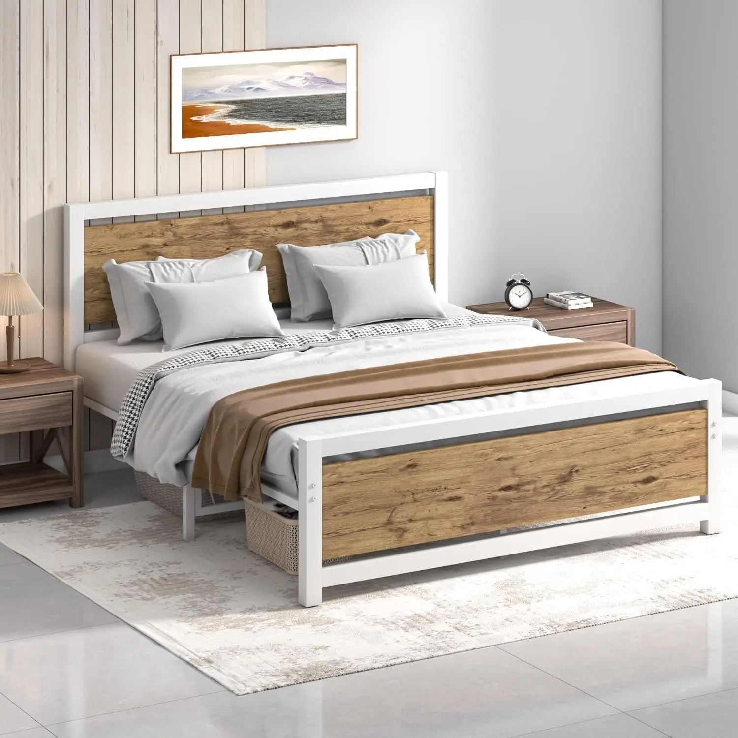 Full Size Metal Bedframe com cabeceira De Madeira, Suporte De Tira De Aço, Plataforma Pesada