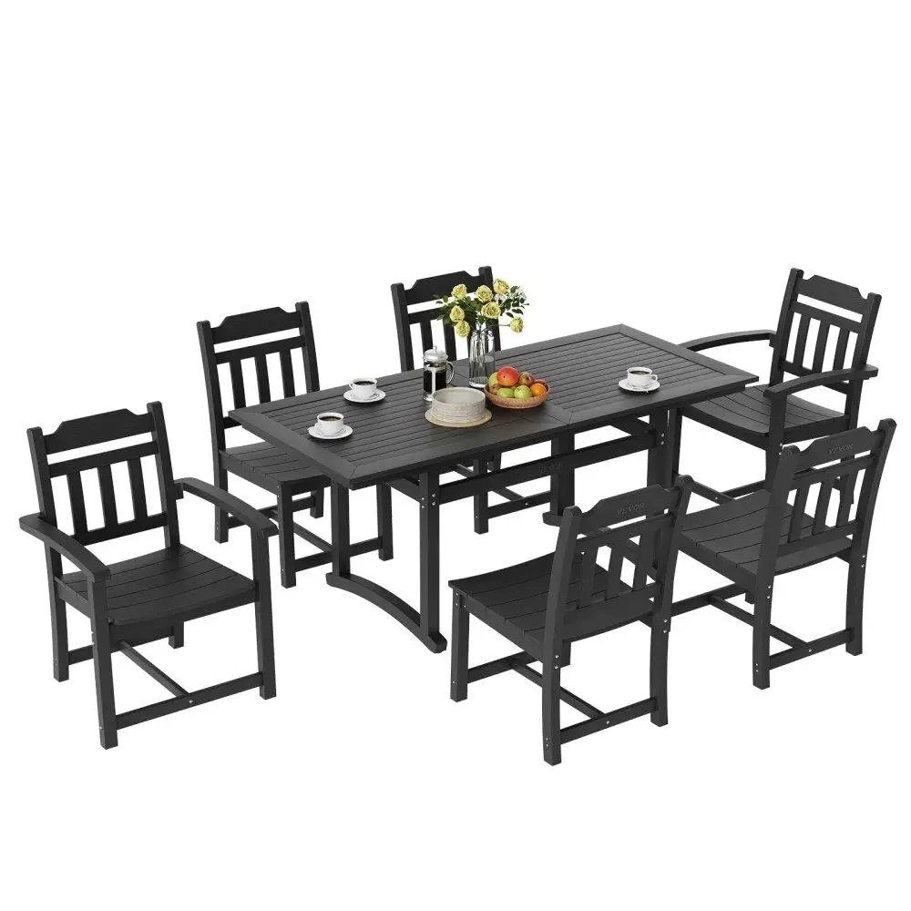 

7 Piece Patio Dining Set Outdoor Rectangle Table All Weather Chairs HIPS Material For lawn Deck Backyard Poolside Black