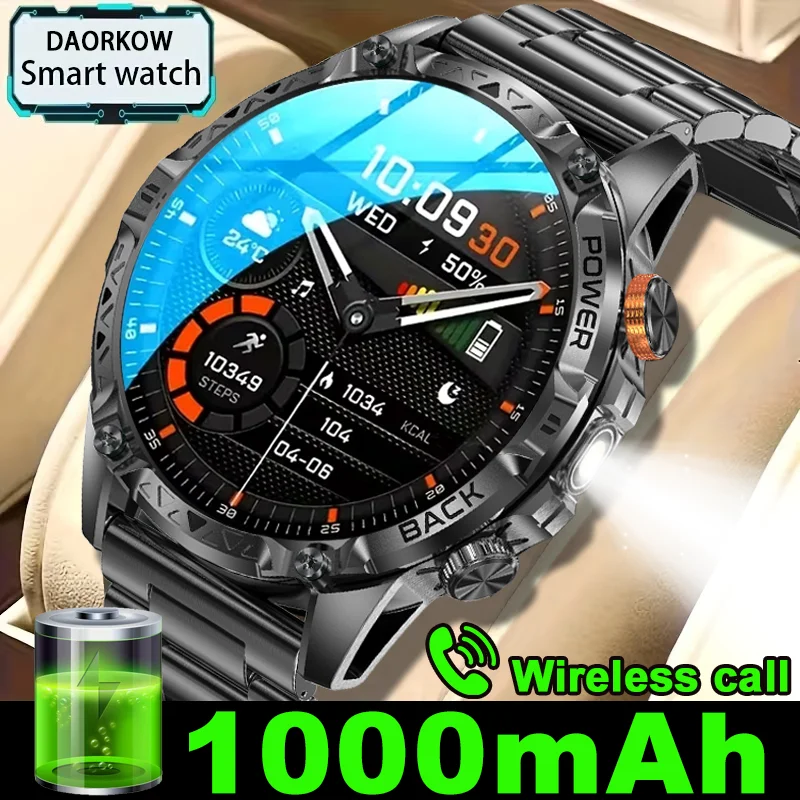 2026 Military Smart Watch Men 1000mAh Battery Outdoors LED Flashlight Waterproof Heart Rate Sport BT Call 1.7