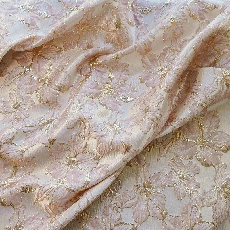 1 Meter Elegant Floral Embossed Gold Thread Jacquard Fabric for Women Spring Autumn Fashion Puff Dress