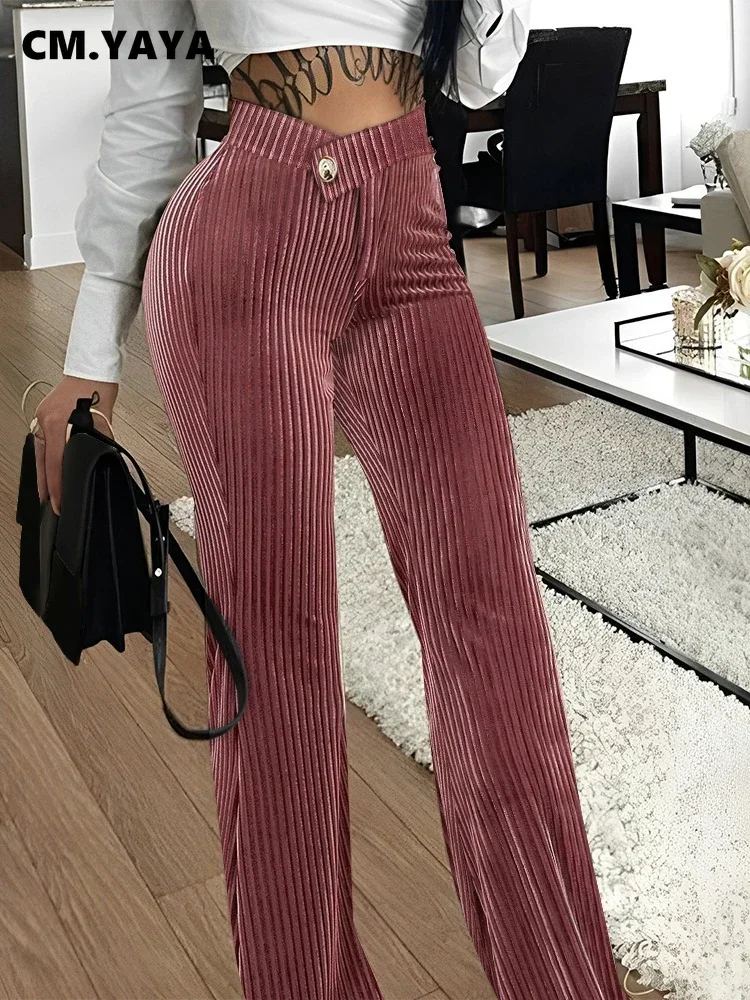 CM.YAYA Women Streetwear Corduroy Zipper Fly V-low Waist Straight Wide Leg Trousers 2023 Autumn Winter Fashion Pants