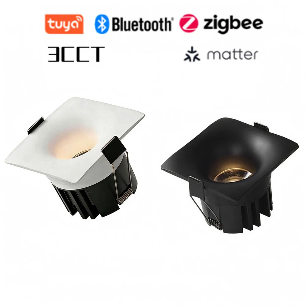 Embedded Square/rotundity Curved-Edge Bezelless Downlight 3CCT Tuya Bluetooth/Zigbee Matter Selectable Led Cob Spotlight