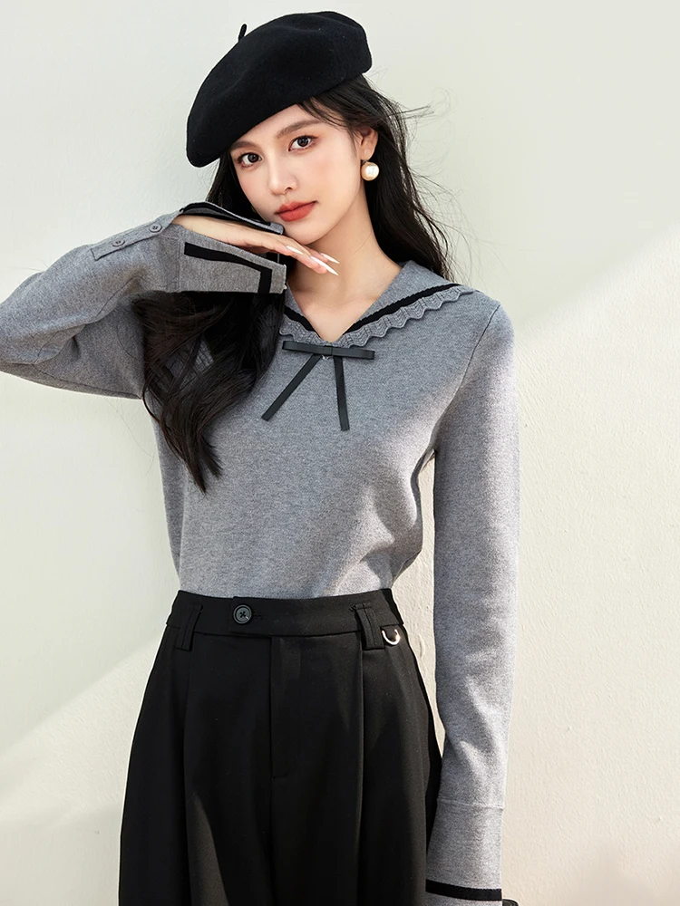 Fashion Commuter Knitted Pullover Women 2024 Autumn Winter Navy Collar Sweater Elegant Long Sleeve Slim Fit Top