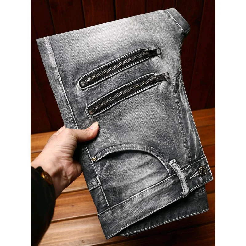 High End Jeansfor Men'S Zipper Hole Patch Straight Tube Fashionable Elastic Motorcycle Slim Fit Biker Gray Washed Denim Pants