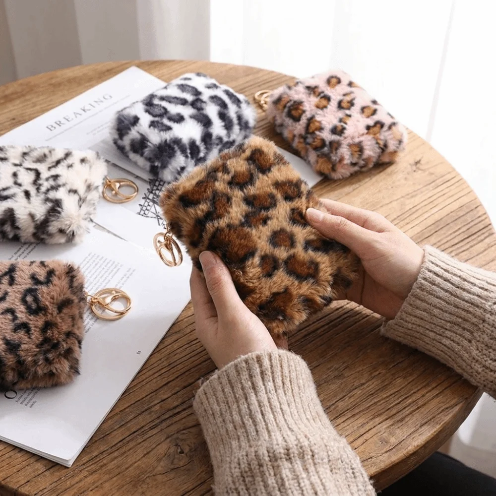 Furry Leopard Print Coin Purse Soft Multi-Card Slot Zipper Wallet Travel Organizer Large Capacity Short Card Holder Daily Use