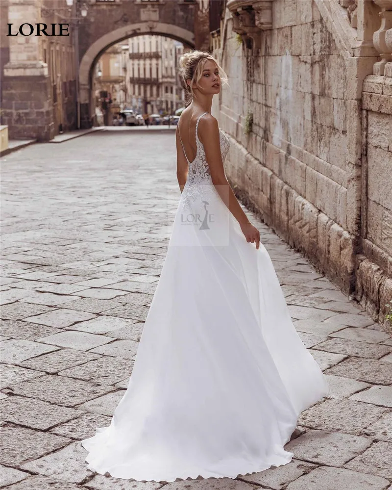LORIELace Boho Wedding Dress V Neck Spaghetti Straps Chiffon Bride Dresses Vestido de novia Floor Length Backless Wedding Gowns