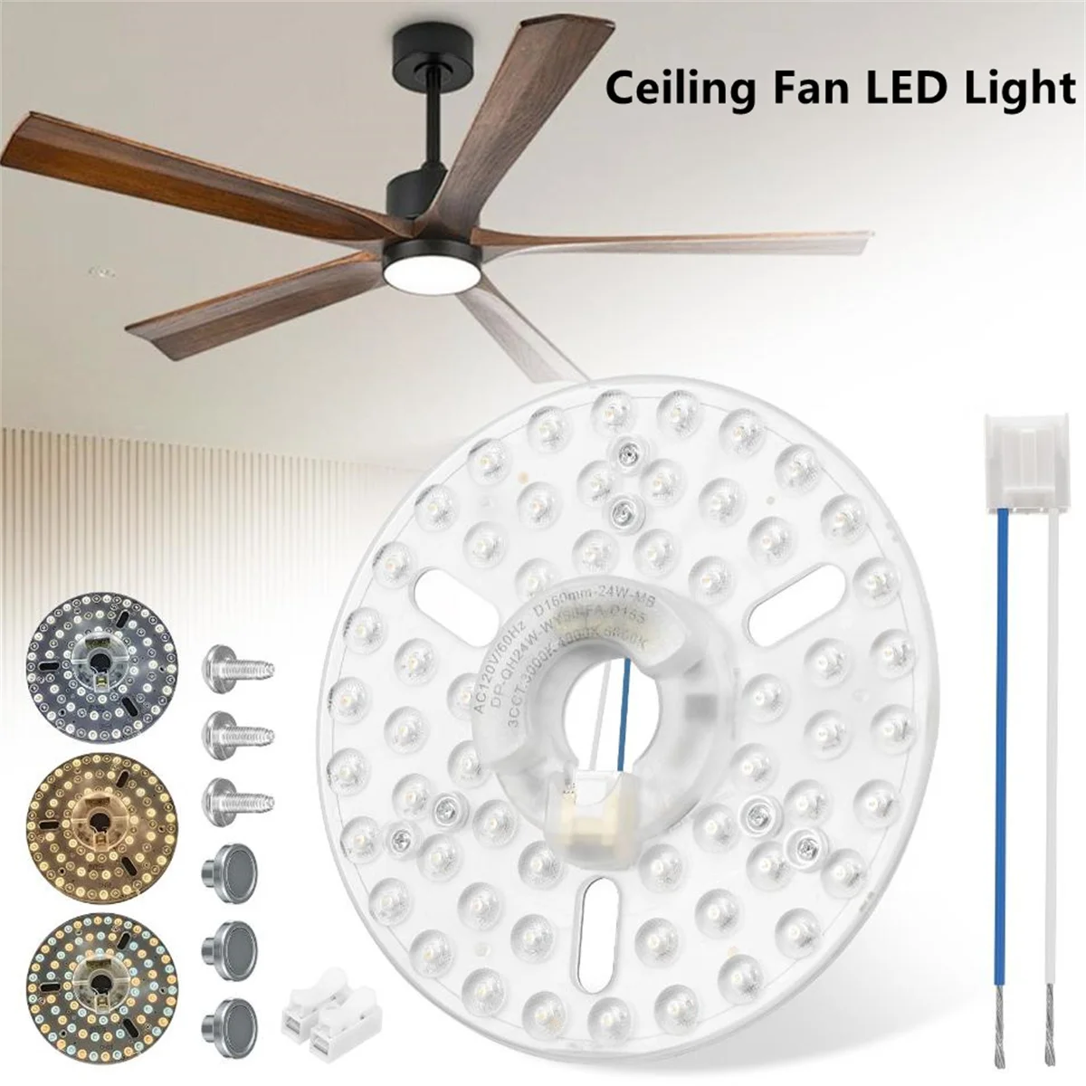 Ceiling Fan LED Light Replacement Adjustable Brightness 6.3 Inch LED Light Retrofit Kit Multifunctional 110V 24W for Indoor
