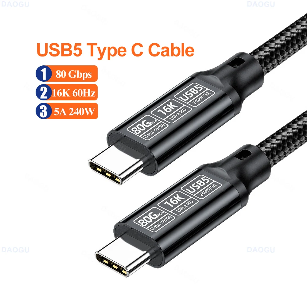 

80Gbps USB5 USB C Cable 16K60Hz 8K120Hz Data Cable USB Type C 5A 240W C-type Fast Charging Cord for Thunderbolt 5 4 Laptop Table