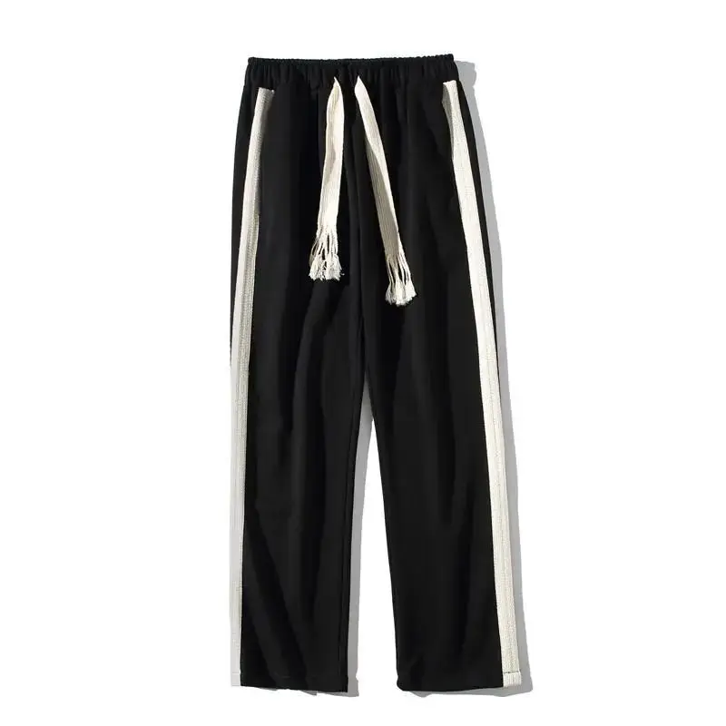 2023 Spring Summer New Contrast Color Vertical Stripe Patchwork Straight Pants Man Elastic Waist Hand Woven Drawstring Trousers