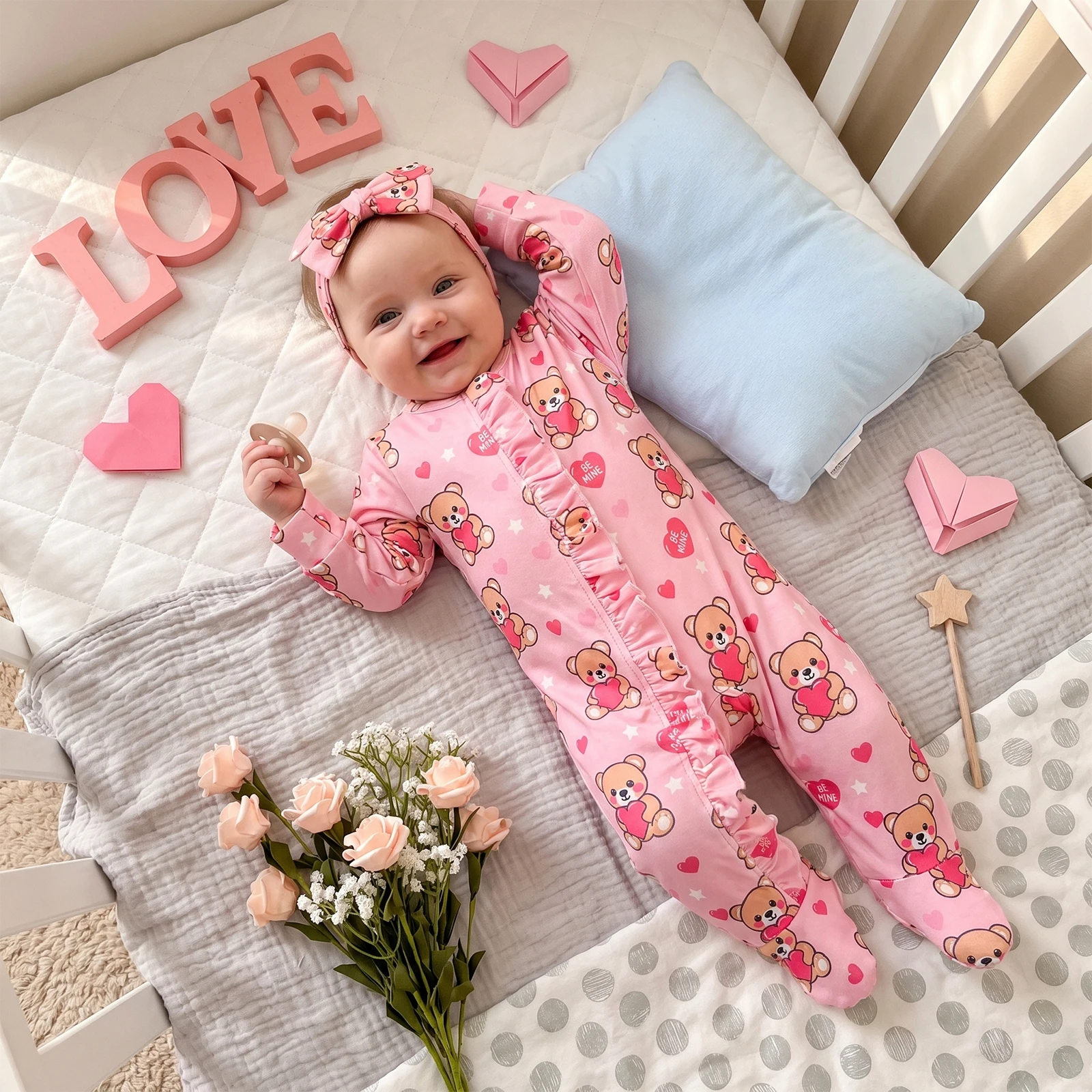 Baby Girls Valentine s Day Romper Heart Long Sleeve Bodysuit Headband